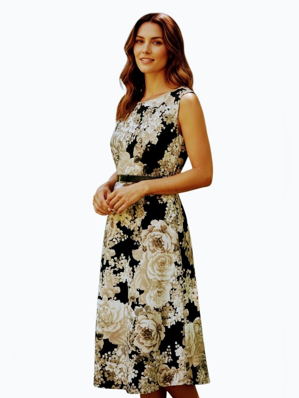 Connected Black and Cream Floral Dress Sleeveless. Sz. 16
